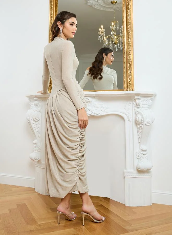 Styli  Women Cream Shimmer Knit Asymmetric Maxi Dress for Women | Best Price UAE